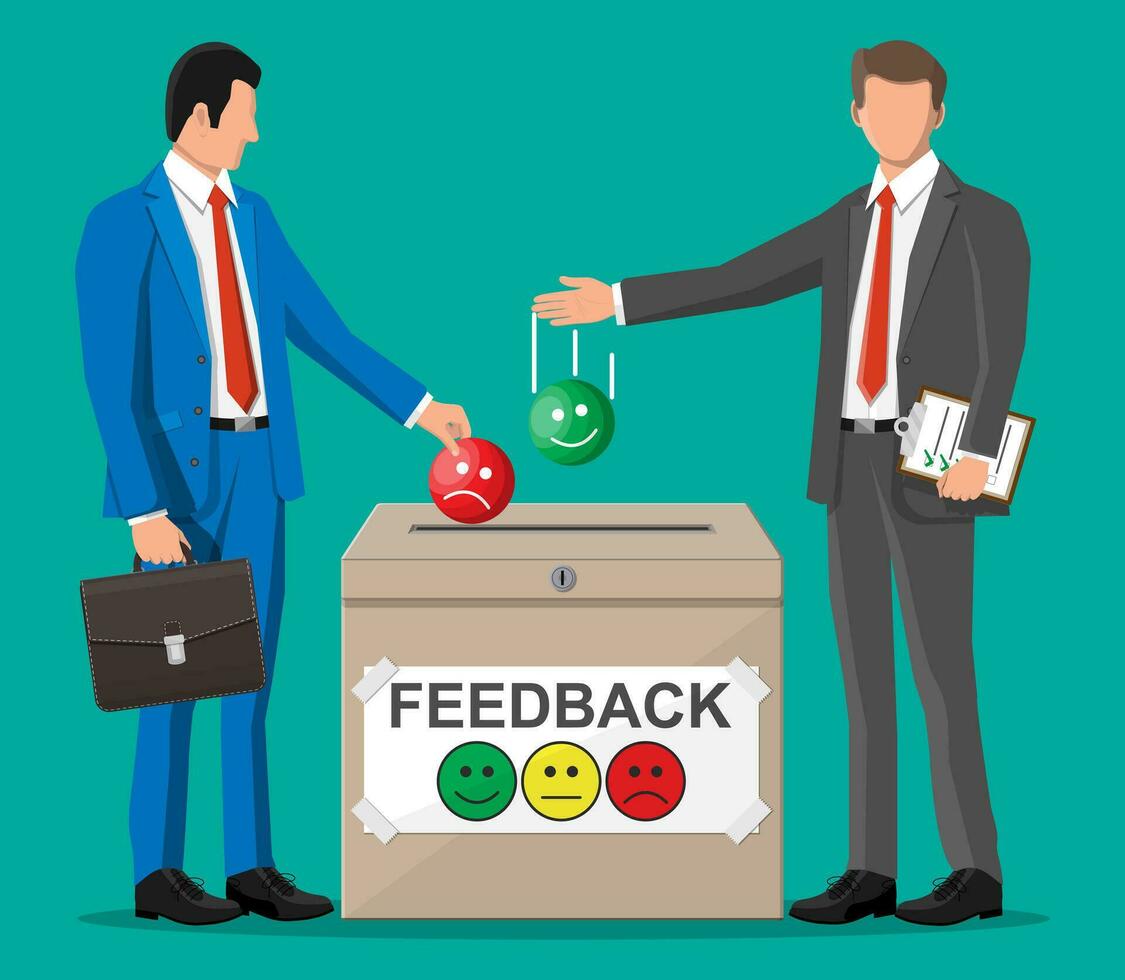 Business people and rating box. Reviews smiles faces. Testimonials, rating, feedback, survey, quality and review. Vector illustration in flat style