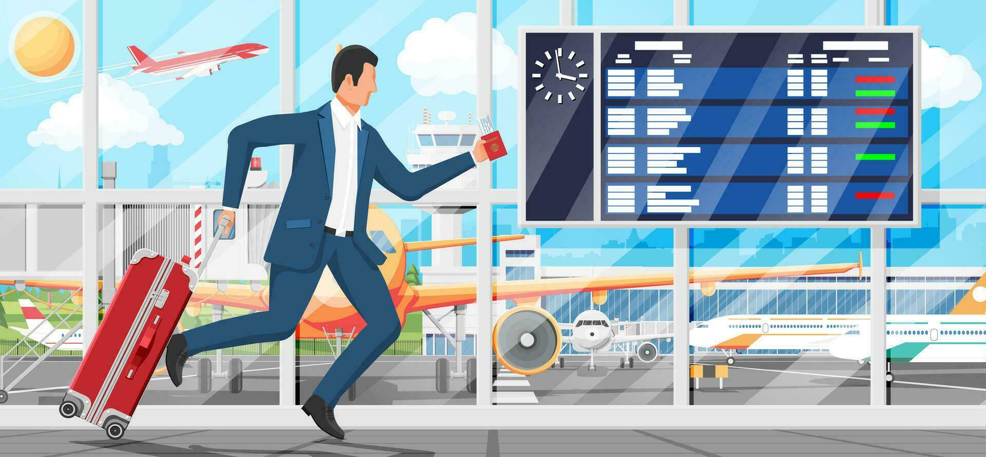 Man with Travel Bag. Tourist with Suitcase, Briefcase, Running to Airport. Businessman with Luggage. Business Man with Baggage, Passport and Ticket. Business Flight. Flat Vector Illustration