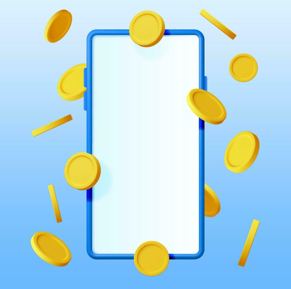 3D Smartphone and Money in Air Isolated. Render Mobile Phone with Gold Coin. Mobile Online Payment and Transfer. Finance, Investment, Money Saving. Internet Casino. Vector Illustration