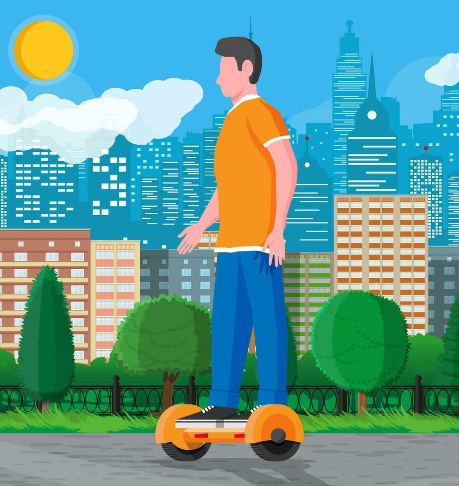 Young guy character on self-balancing two wheeled battery-powered electric scooter. Man riding hoverboard. Eco city transport. Ecological convenient urban transportation. Flat vector illustration