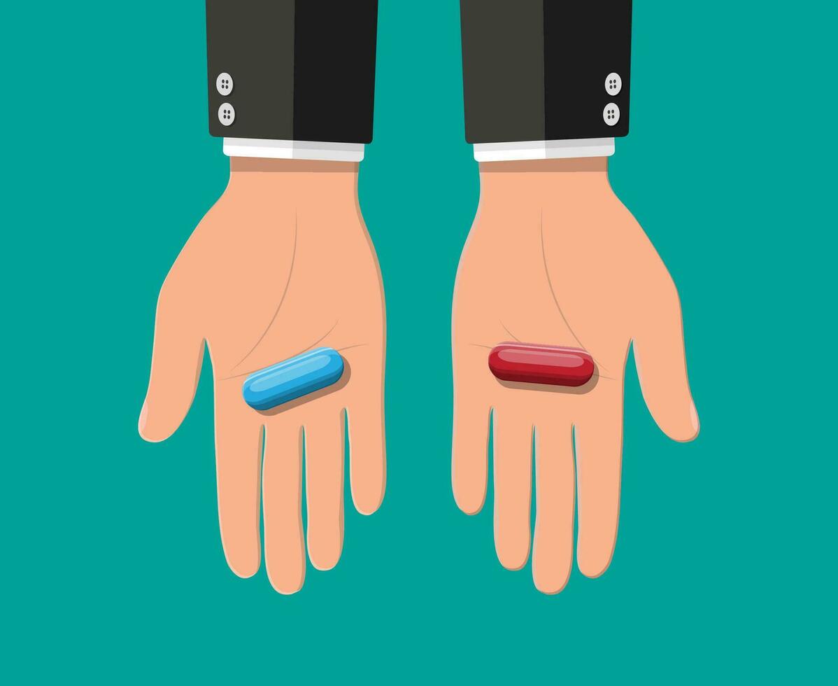 Hands with blue and red capsule pills. Choice or decision metaphor. Medical drugs in hand. Vector illustration in flat style