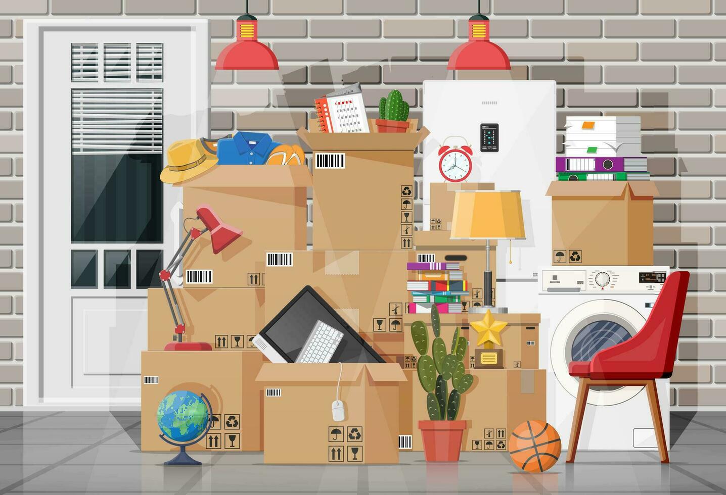 Moving to new house. Family relocated to new home. Paper cardboard boxes with various household thing. Package for transportation. Computer, lamp, clothes, books. Vector illustration in flat style