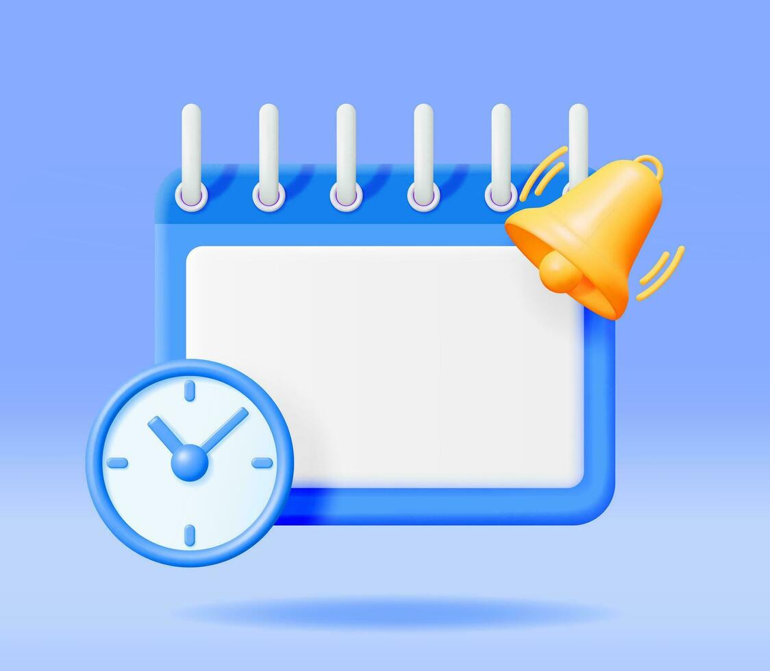 3D Calendar with Clock and Bell Alert Isolated. Render Calendar and Bell Icon. Schedule, Appointment, Organizer, Timesheet, Important Date. Reminder Notification Concept. Minimal Vector Illustration