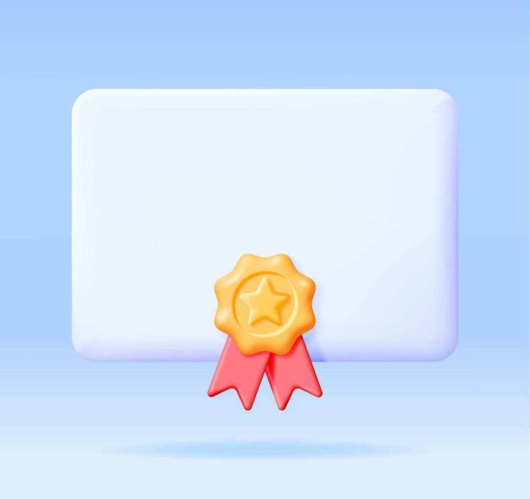 3D Certificate Icon with Stamp and Ribbon Isolated. Render White Diploma with Badge. Diploma or Accreditation. Voucher or Invitation. Business Graduation Concept. Vector Illustration