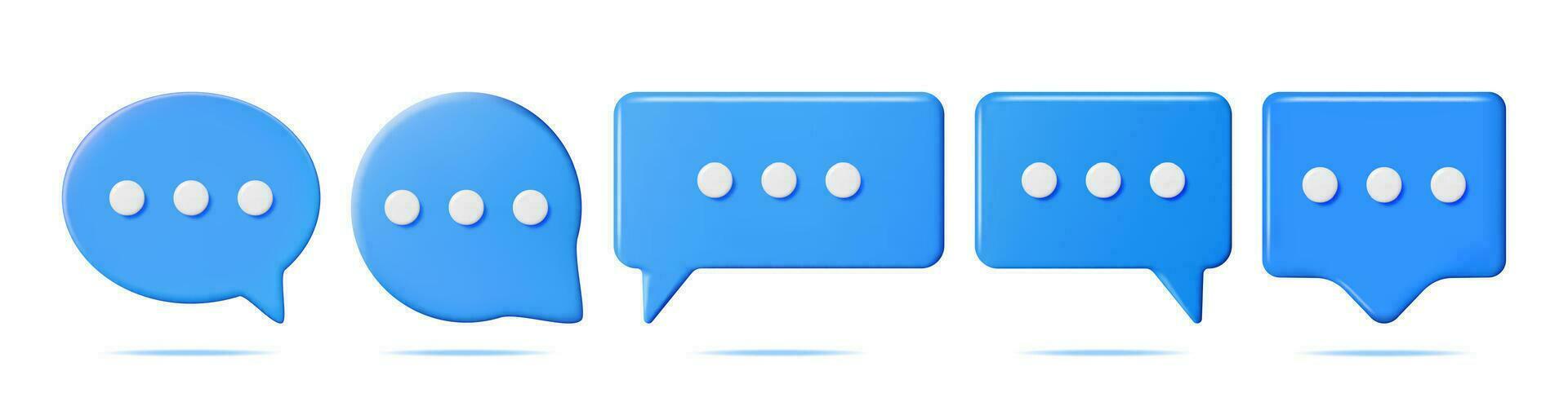 3D Blue Blank Speech Bubbles Set Isolated. Square and Round Rendering Chat Balloon Pin. Notification Shape Mockup. Communication, Web, Social Network Media, App Button. Realistic Vector Illustration