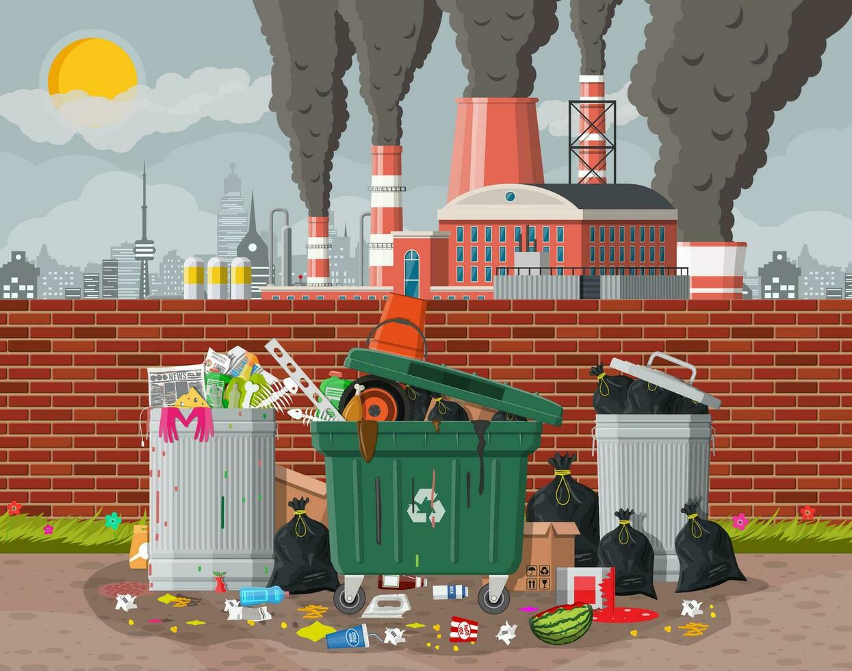 Plant smoking pipes. Smog in city. Trash emission from factory. Grey sky polluted trees grass. Garbage bin full of trash. Environmental pollution ecology nature. Vector illustration flat style