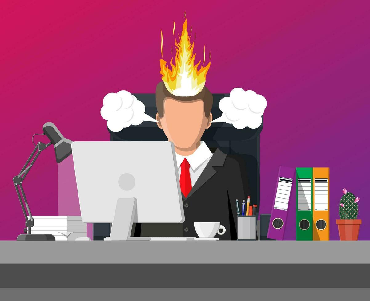 Stressed businessman on workplace tired to work on computer. Business man head in fire. Deadline, late with working task. Overworked stressed office worker. Time management. Flat vector illustration
