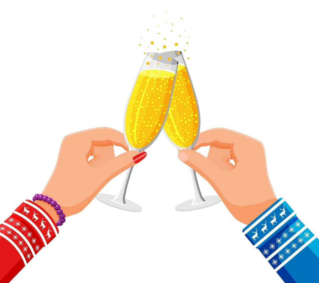 Clinking glass in hands, champagne drink. Christmas toast concept. Happy new year banner. Merry christmas holiday. New year and xmas celebration. Vector illustration flat style