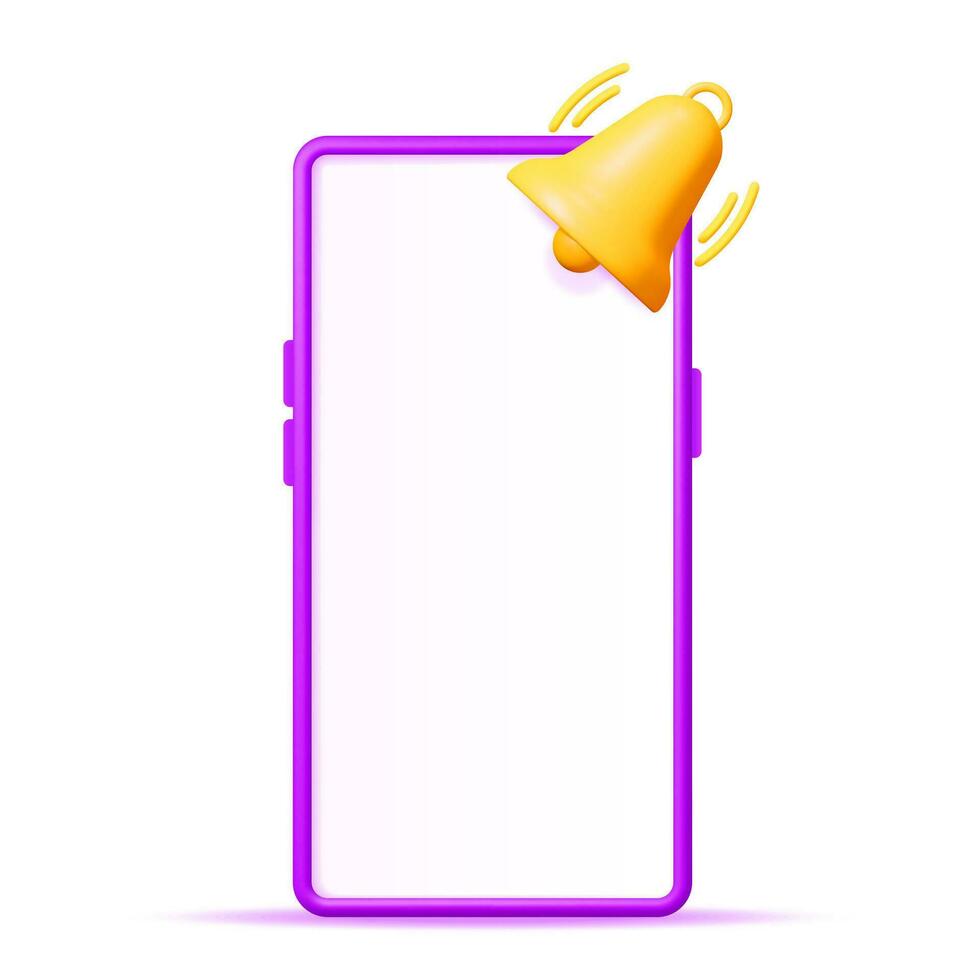 3D Mobile Phone with Ringing Bell Isolated. Smartphone Notification Popup. Golden Render Ringing Bell. Alert and Alarm Symbol. Social Media Network Notification Reminder. Vector Illustration