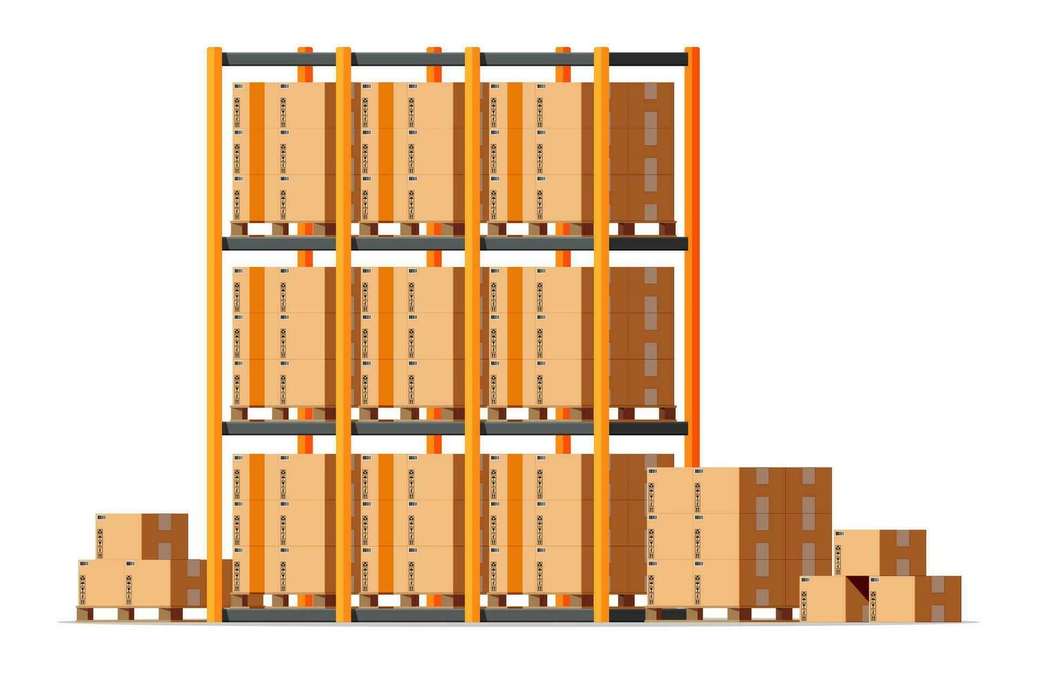 metálico estantería con caja de cartón marrón cajas bienes y envase paquete. pila cartulina cajas colocar. entrega embalaje cerrado caja con frágil señales. vector ilustración en plano estilo