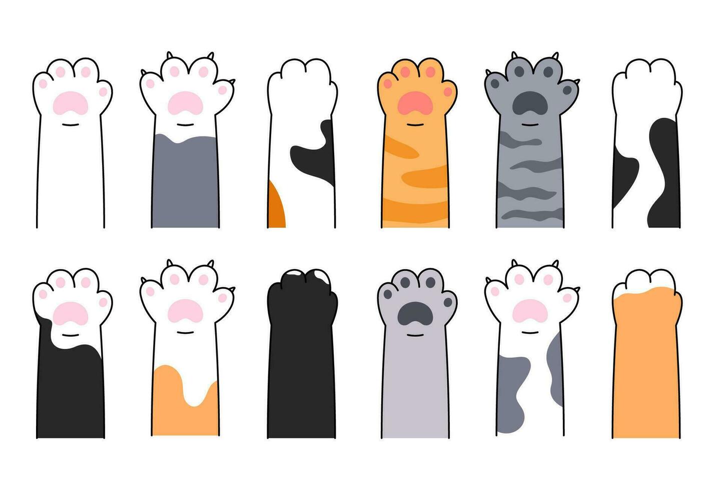 Cat paws, pet, animal hand,  set of comic, cartoon style illustrations. Vector doodle drawings.