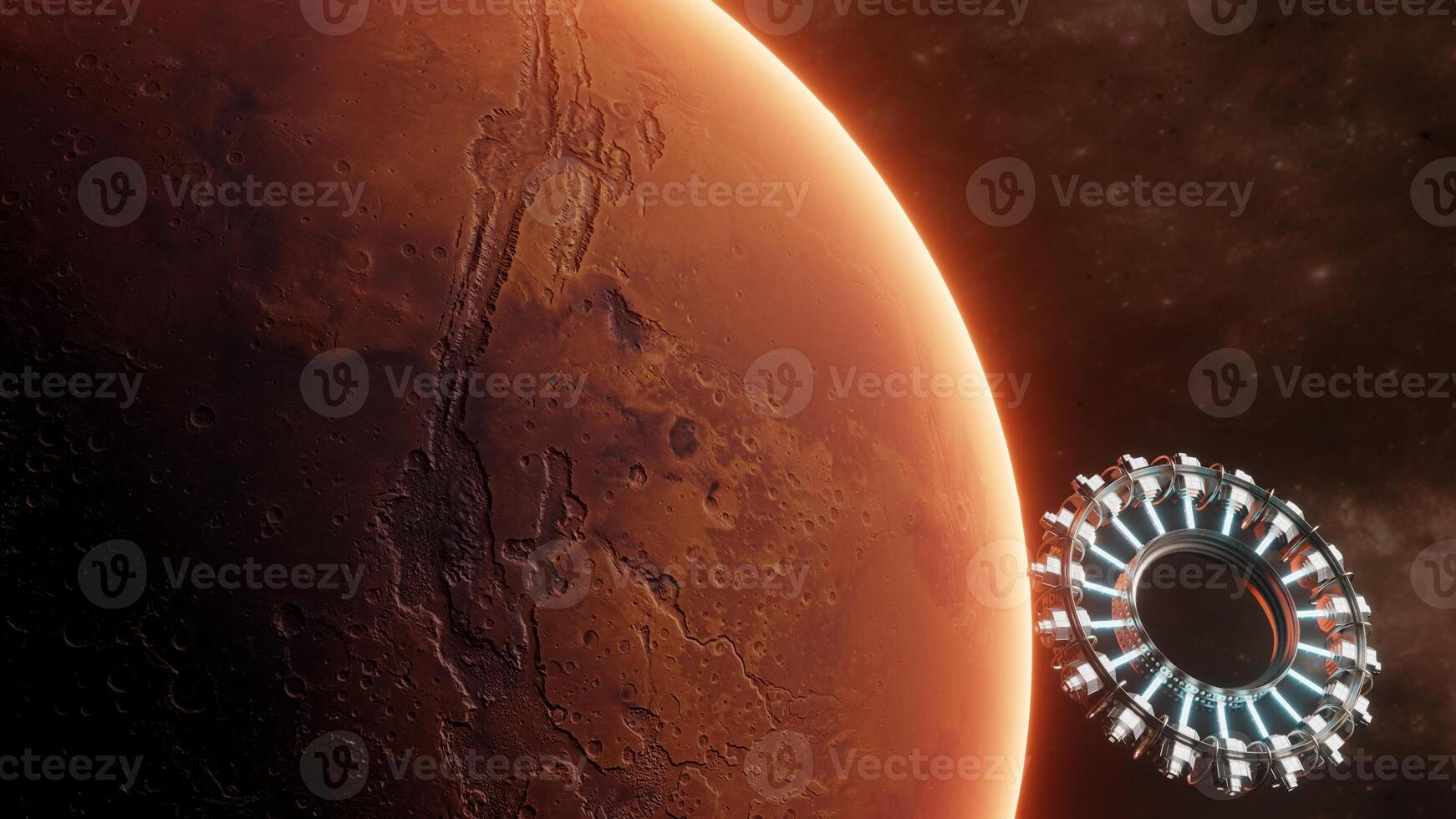 International scientific space station orbiting around planet Mars. Floating spaceship in the univers, shuttle into atmosphere. Images from NASA. Rendered 3D illustration photo