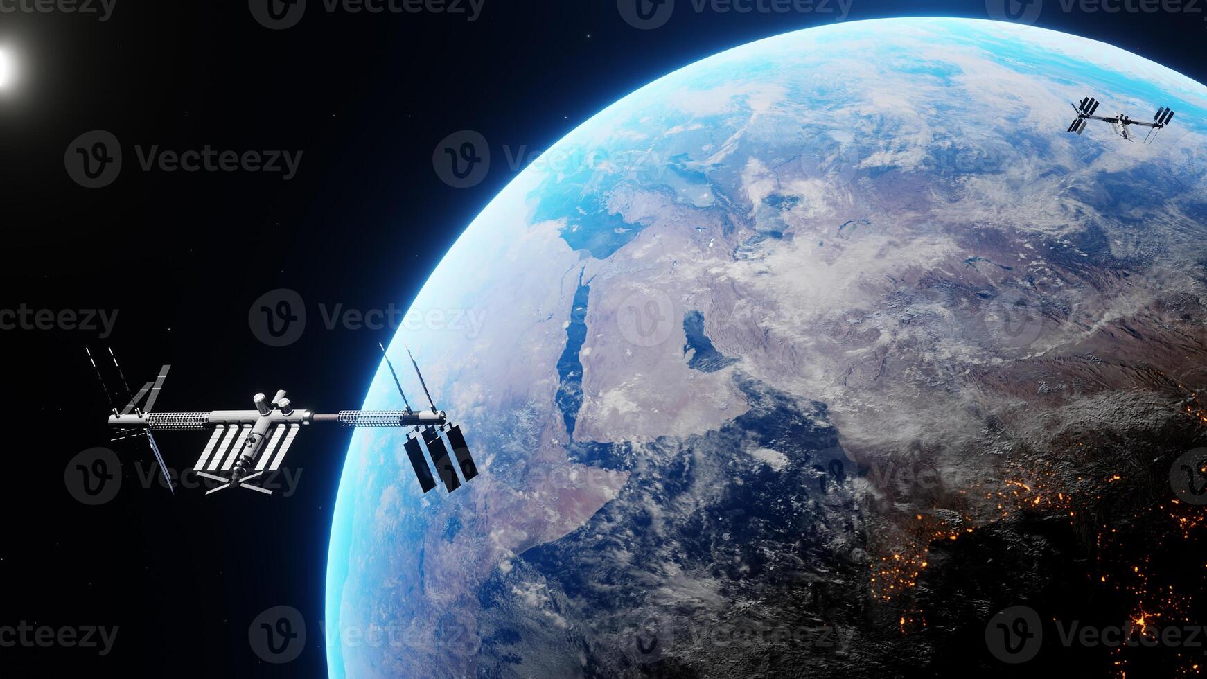 Space shuttle and space station orbiting realistic planet earth. International Space Station revolving over ocean and mainland. Exploration mission. Images from NASA. Rendered 3D illustration photo
