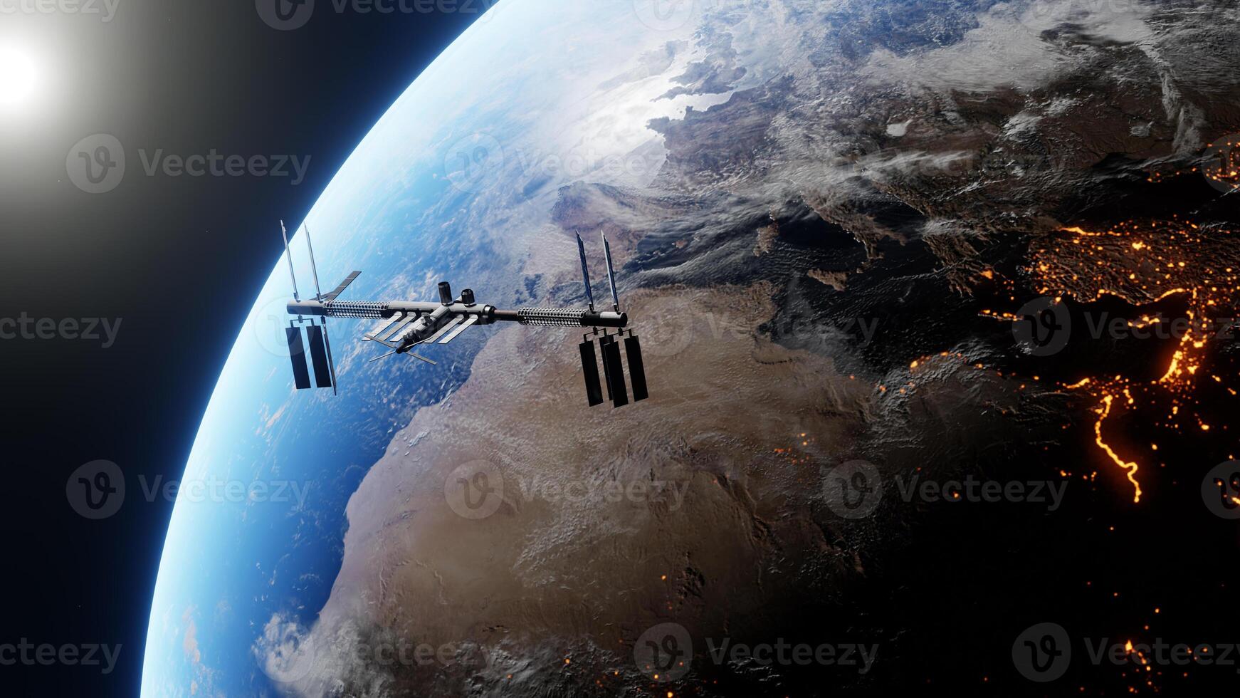 International space station orbiting the earth during sun drifts. Floating spaceship in the univers, shuttle into atmosphere. Images from NASA. Rendered 3D illustration photo