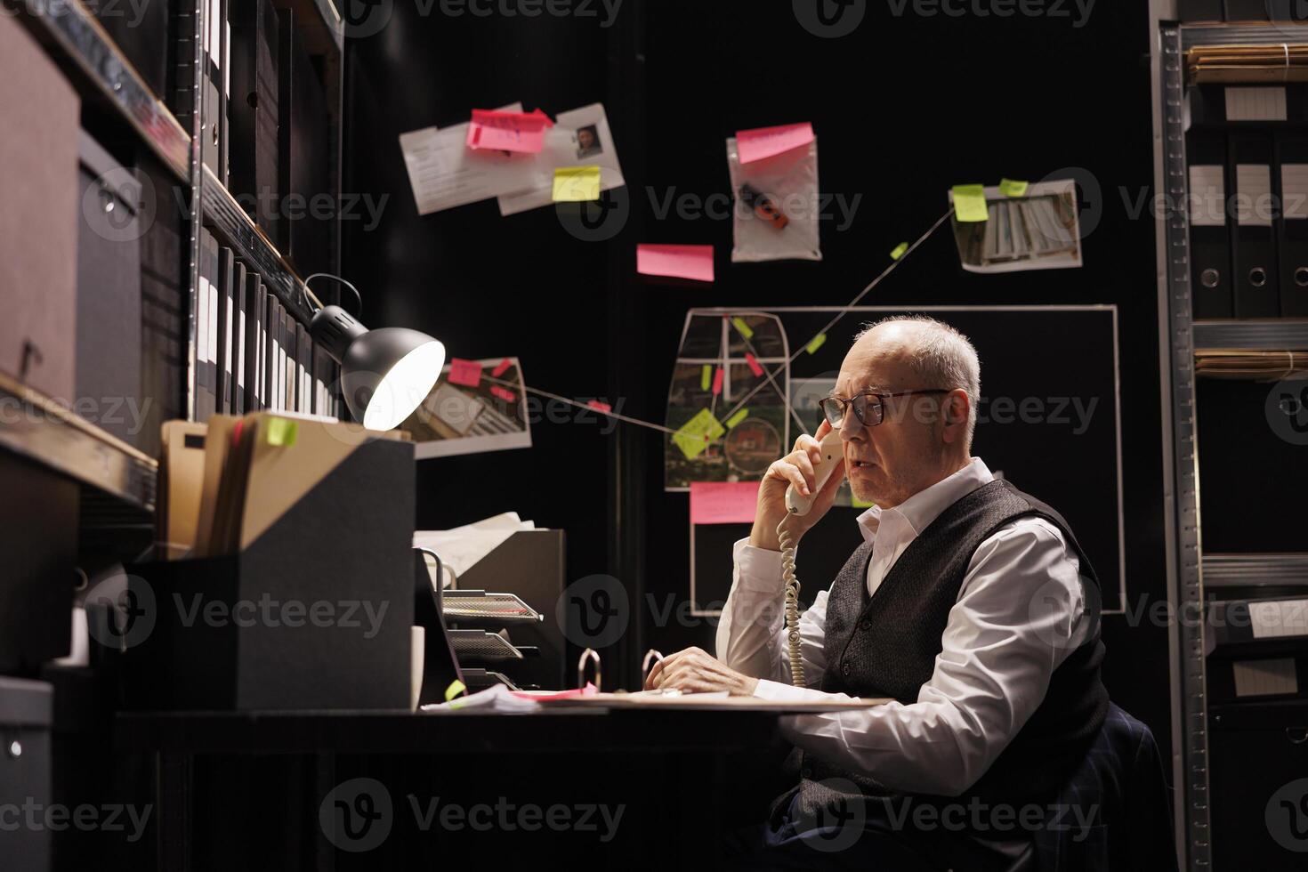 Senior police officer discussing criminal case with remote inspector using landline phone, working late at night in arhive room. Private investigator analyzing criminology report. Investigation concept photo