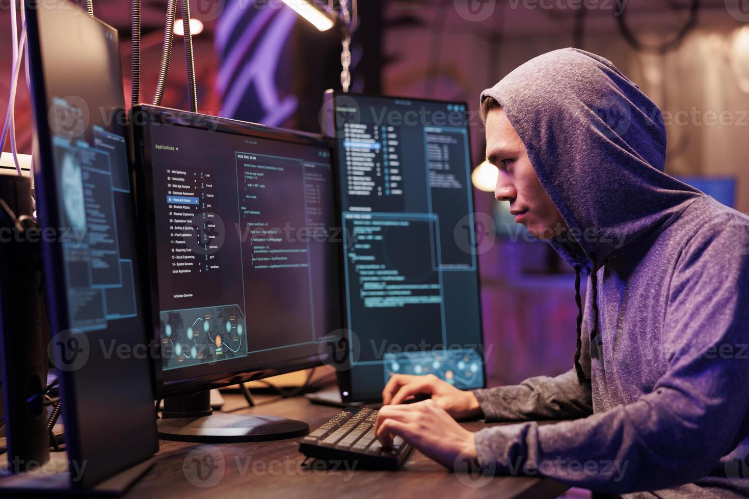 Asian criminal in hood hacking server and stealing data while committing online crime. Young hacker running illegal malicious software code on computer screen for cracking password photo