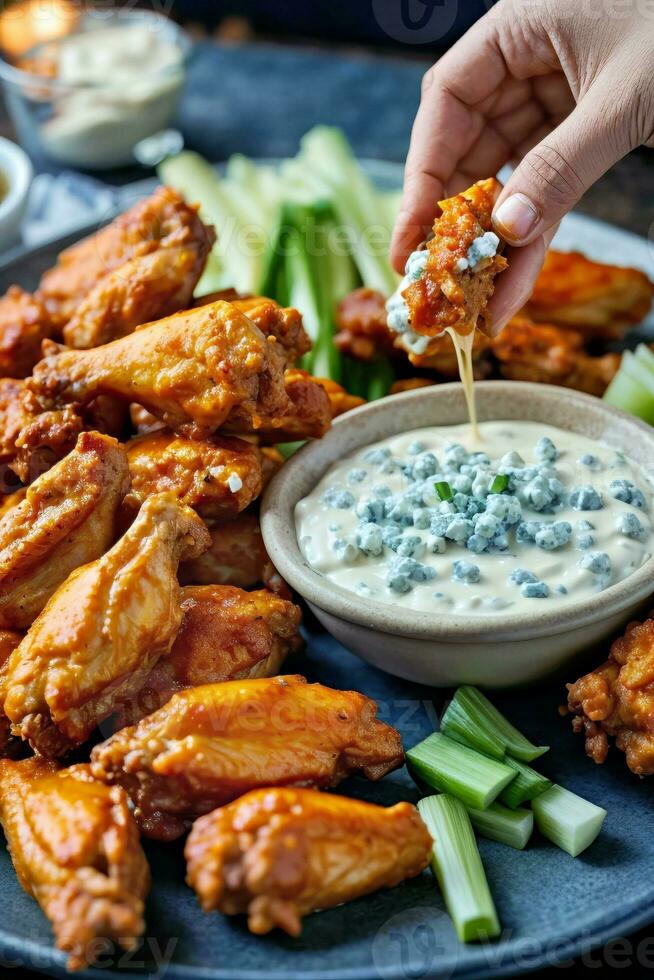 AI generated Delicious chicken wings with ranch dip and celery photo