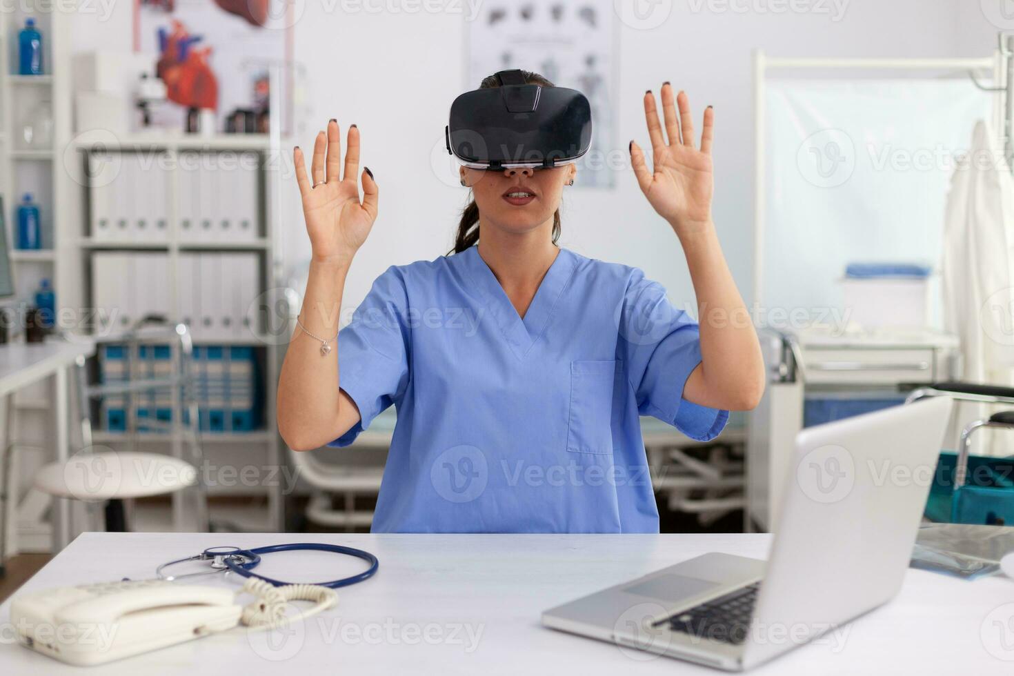 Health physician using medical inovation wearing virtual reality goggles in hospital office. Therapist using medical innovation equipment device glasses, future, medicine, physician, healthcare, professioanl, vision, simulator. photo