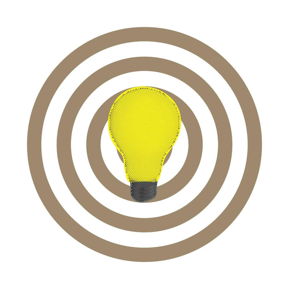 Trendy halftone collage lightbulb and target sign. Business idea and solutions. Smart thinking vector