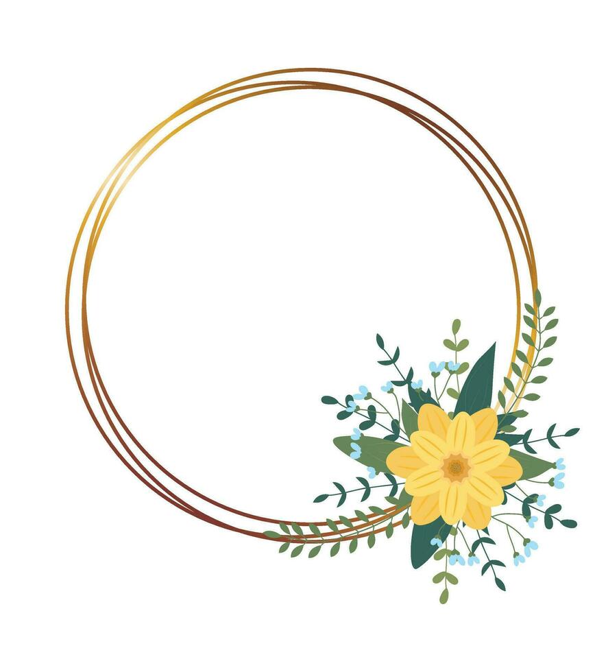 Gold circle frame with arrangement. Greeting card with free space for text. Perfect for wedding invitation cards, luxury templates vector