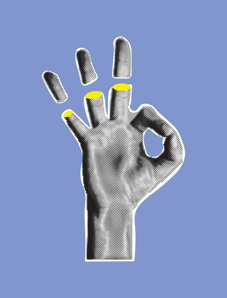 collage bandera con trama de semitonos efecto mano con gesto OK. rasgado apagado dedos. psicodélico póster vector