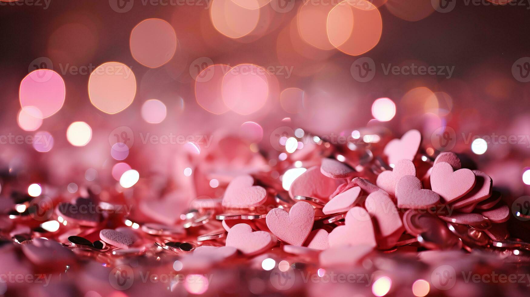 AI generated Pink bokeh background with mini heart symbols and soft glowing circles for creative poster design photo