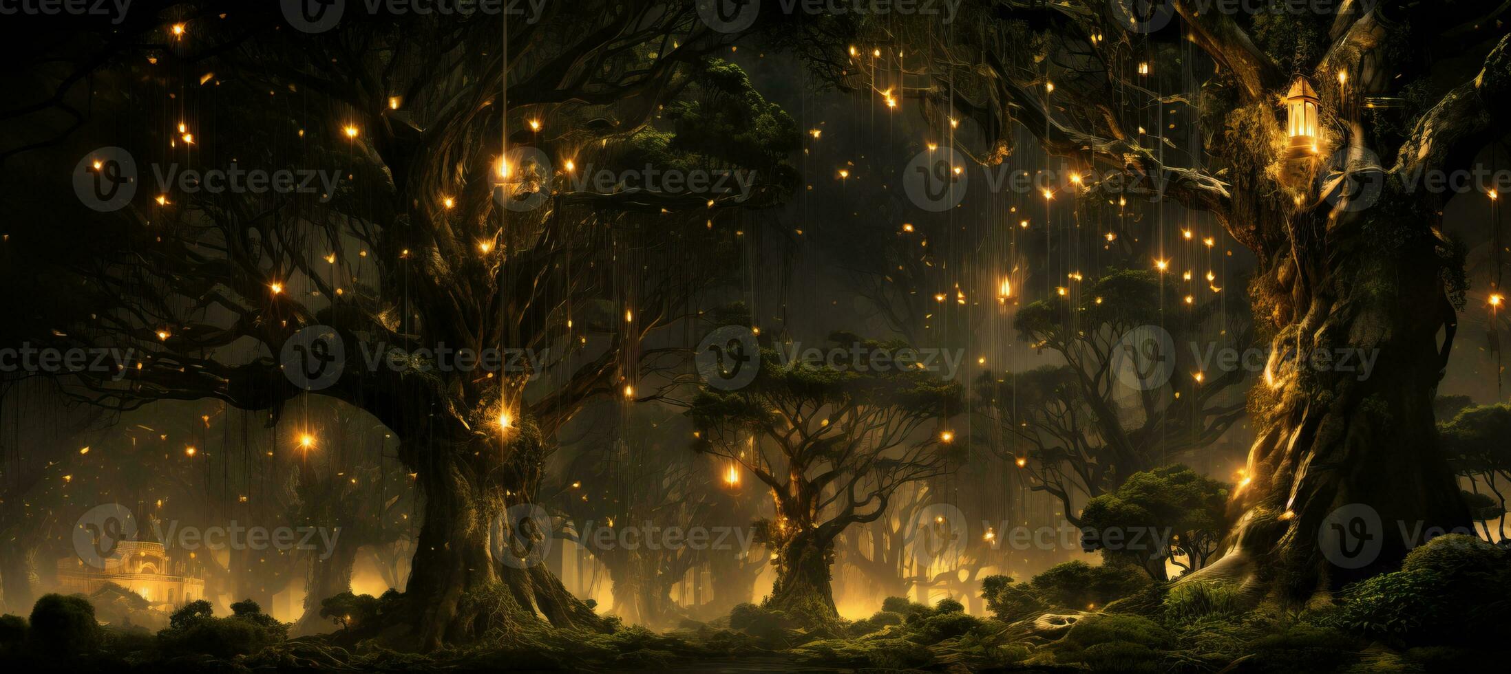 AI generated Enchanted forest clearing with fireflies, fairies, and woodland creatures in a midnight celebration photo