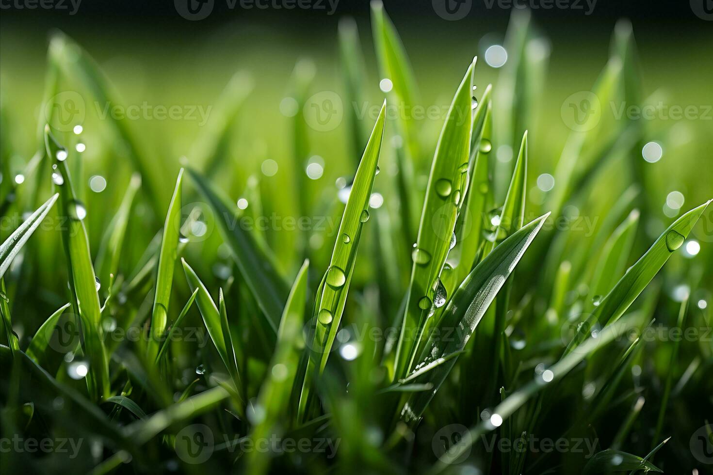 AI generated Serene bokeh blurred defocused natural green grass with sparkling water droplets background photo