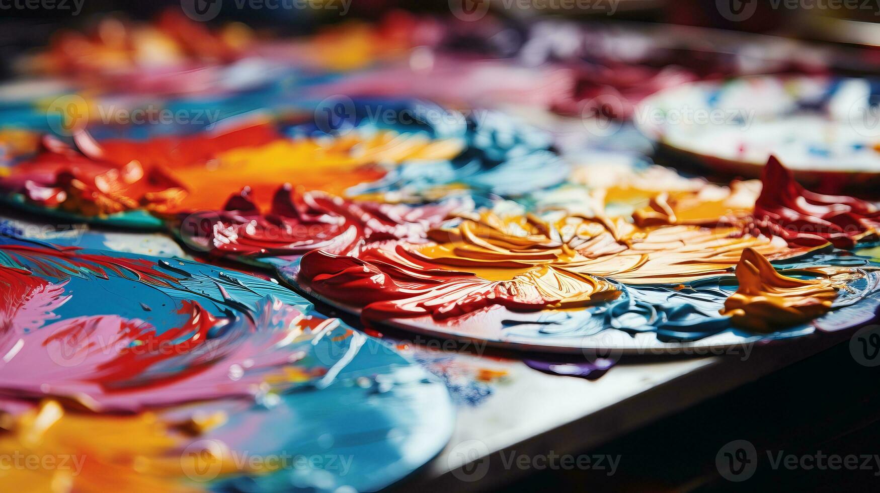 AI generated Professional oil painter s complete set with colors, brushes, and easel for creative workspace photo