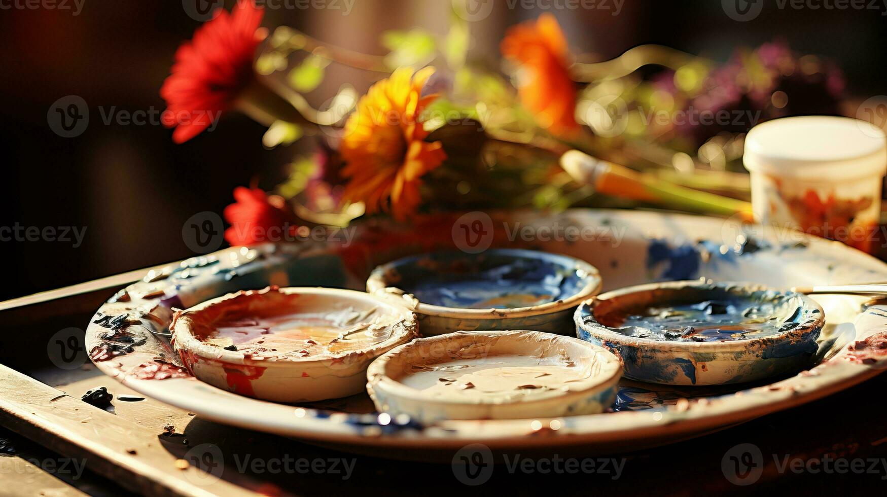 AI generated Vibrant and inspiring oil color painter s workspace set for creative artistry and expression photo