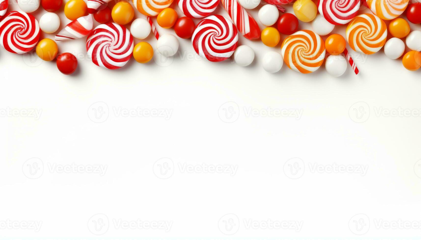 AI generated Christmas ornaments and candy on white background   top view winter mockup for text placement photo
