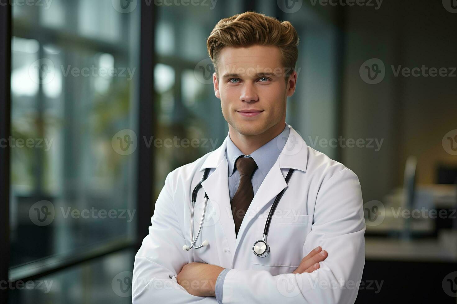 AI generated Confident male doctor with folded arms, posing on grey background for healthcare concept photo