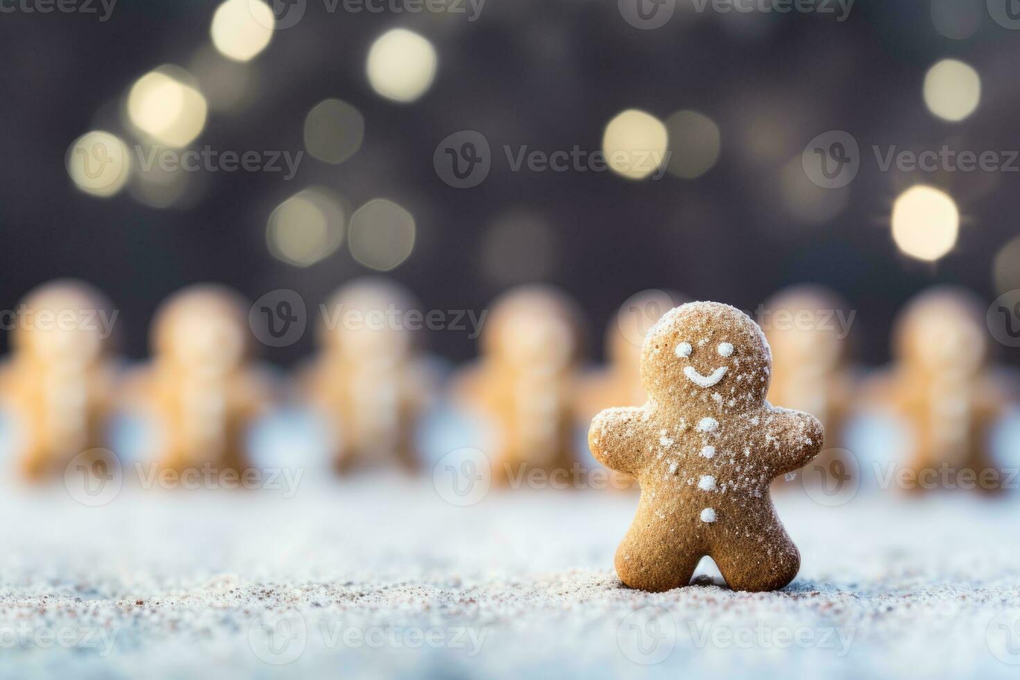 AI generated Festive gingerbread man cookie with cocoa splash on wooden table, blurred lights background photo