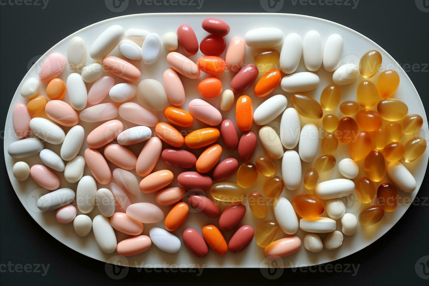 AI generated Pregnant woman holding various supplements and vitamins for daily intake   top view closeup. photo