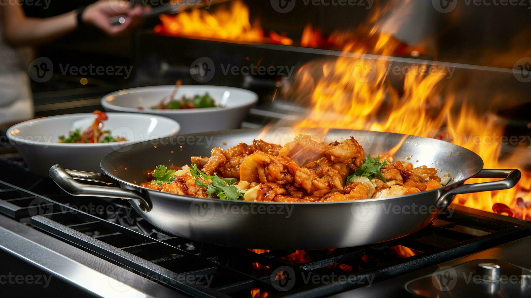 AI generated Talented chef preparing tiger prawn in modern kitchen, blurred background with copy space photo