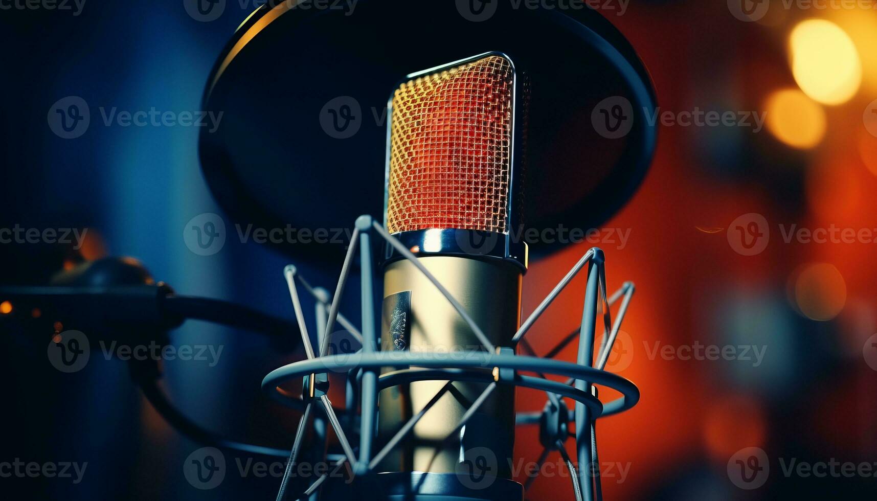 AI generated Studio condenser microphone on blurred background with audio mixer   musical instrument concept photo