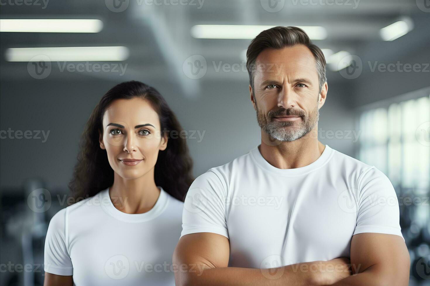 AI generated Fit couple flexing toned muscles in gym, vibrant colors, blurred background, text space photo