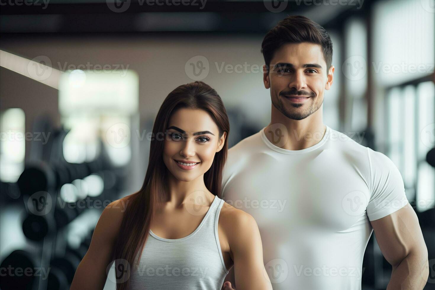 AI generated Energetic couple flexing in gym with vibrant colors on blurred background   copy space photo