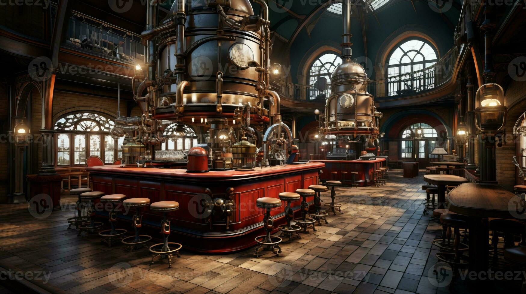 AI generated Steampunk laboratory with brass machinery, glowing concoctions, and stained glass windows photo