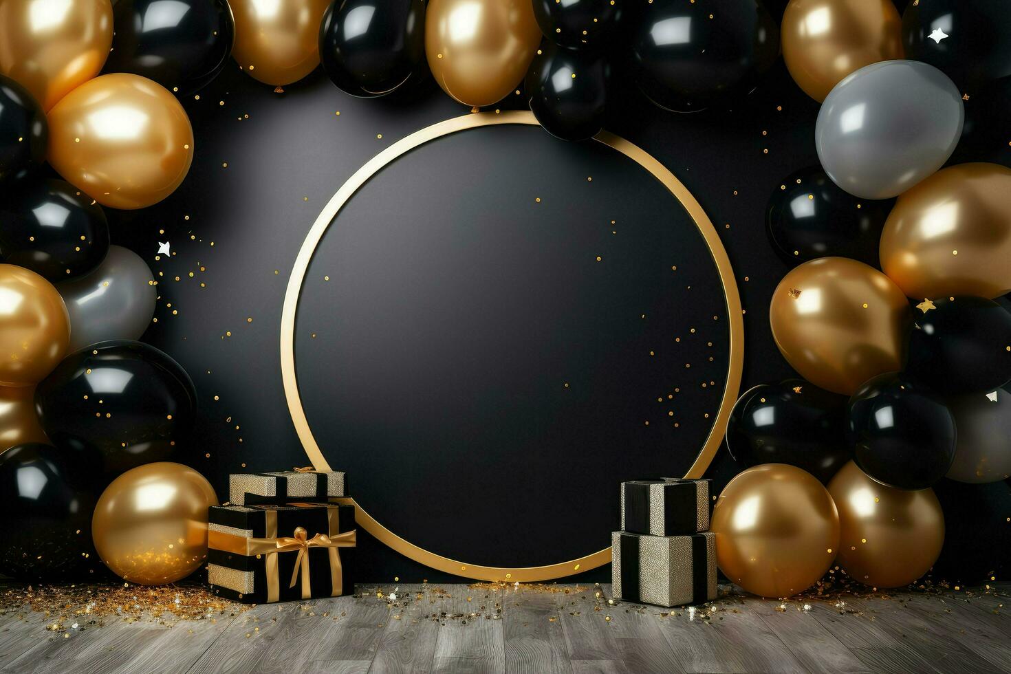 AI generated Blank frame mockup with golden and black balloons and confetti, round frame on golden balloons and golden confetti, AI Generated photo