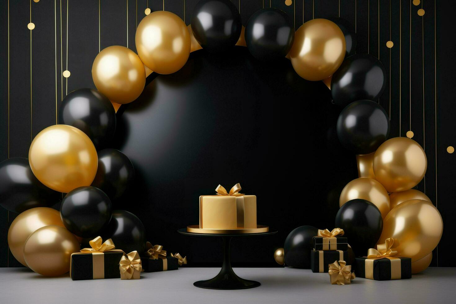 AI generated Blank frame mockup with golden and black balloons and confetti, round frame on golden balloons and golden confetti, AI Generated photo