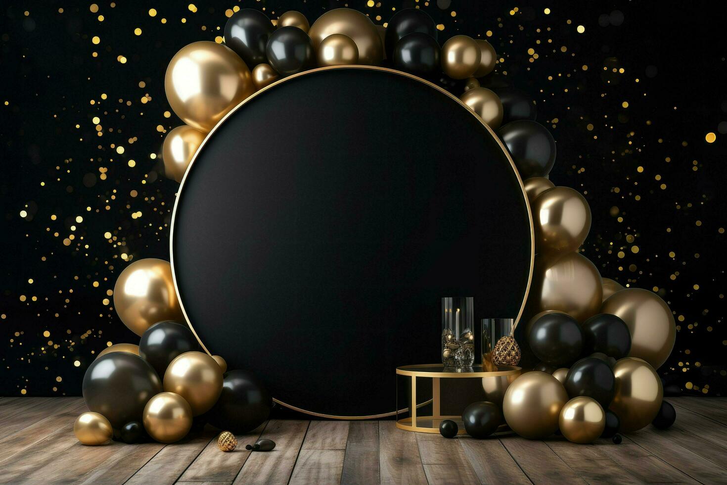 AI generated Birthday frame with golden and black balloons and confetti, Blank frame on golden balloons and golden confetti with black background , AI Generated photo