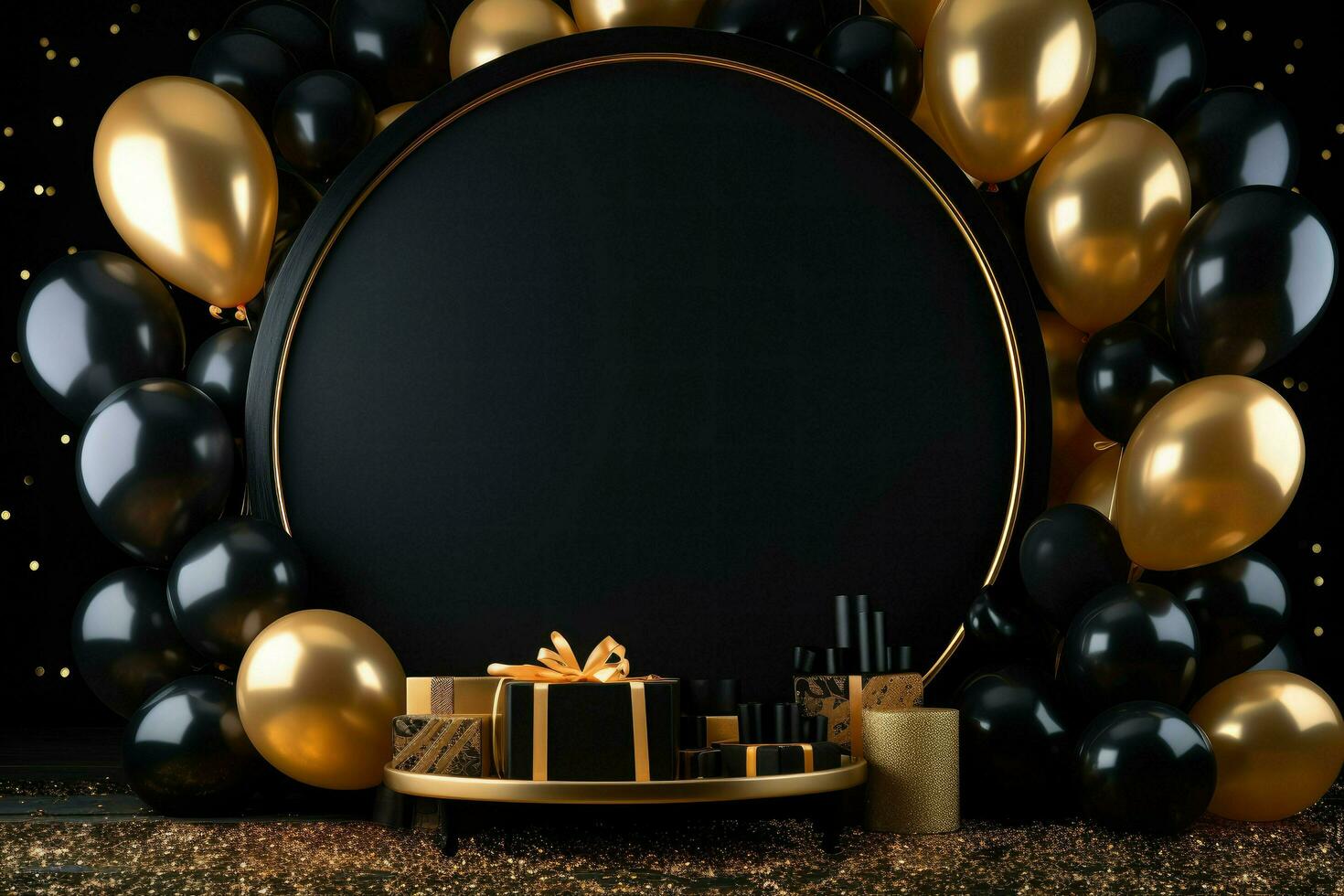 AI generated Birthday frame with golden and black balloons and confetti, Blank frame on golden balloons and golden confetti with black background , AI Generated photo