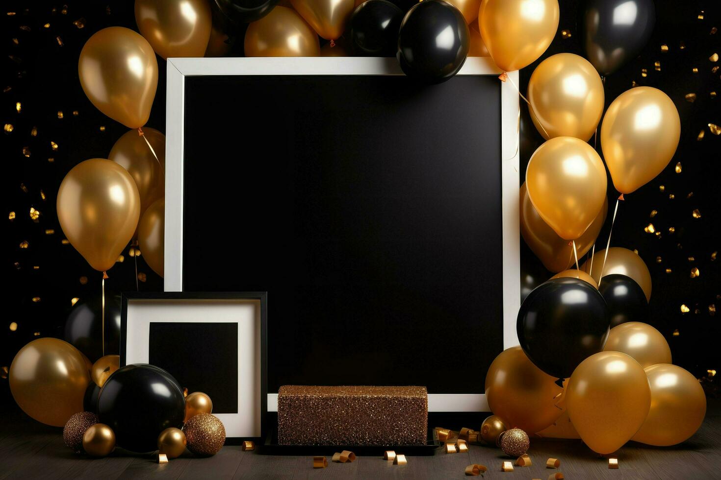 AI generated Birthday frame with golden and black balloons and confetti, Blank frame on golden balloons and golden confetti with black background , AI Generated photo