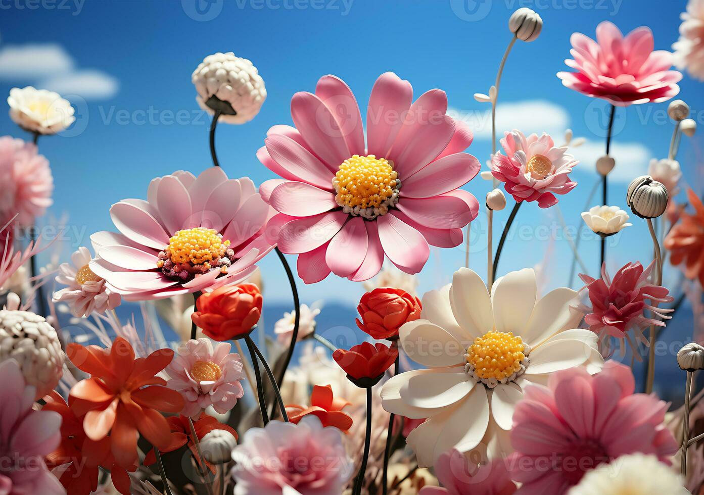 ai generado algunos vistoso flores silvestres y hermosa primavera prados en soleado verano foto