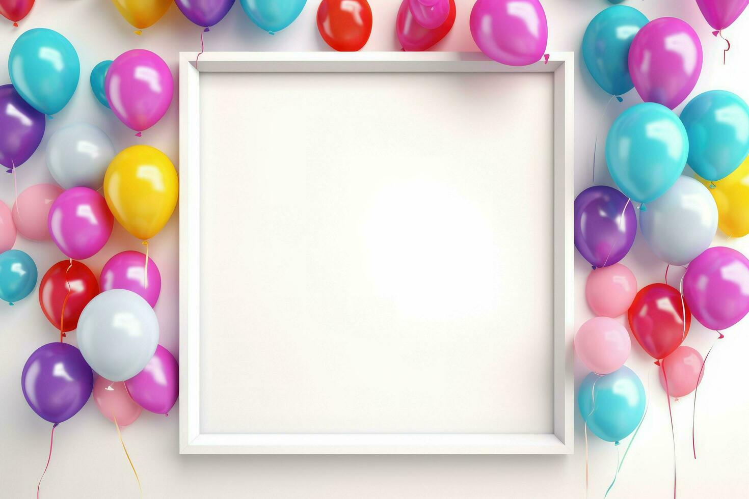 AI generated Birthday frame with color balloons and confetti, Blank frame on color balloons and confetti, AI Generated photo