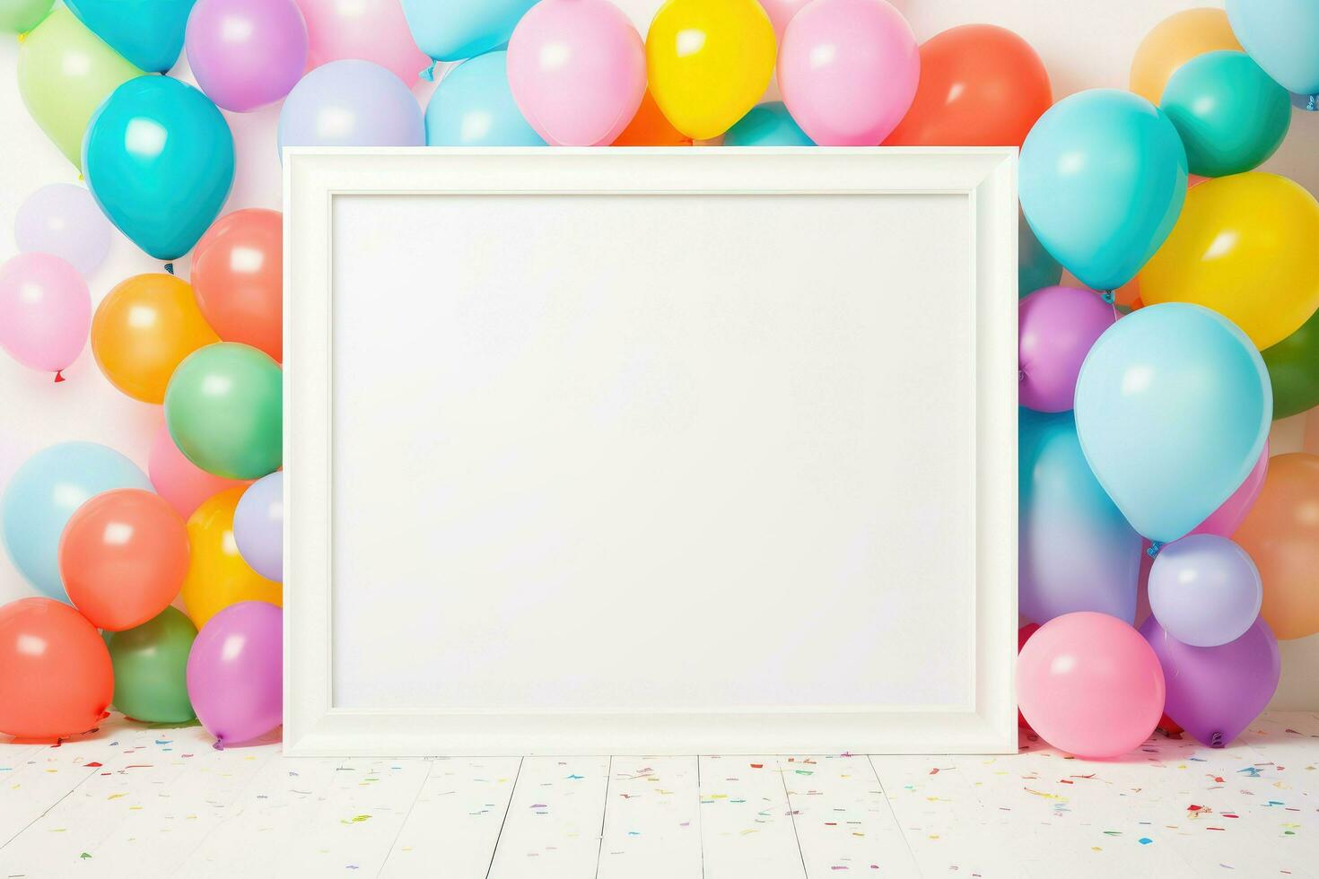 AI generated Birthday frame with color balloons and confetti, Blank frame on color balloons and confetti, AI Generated photo