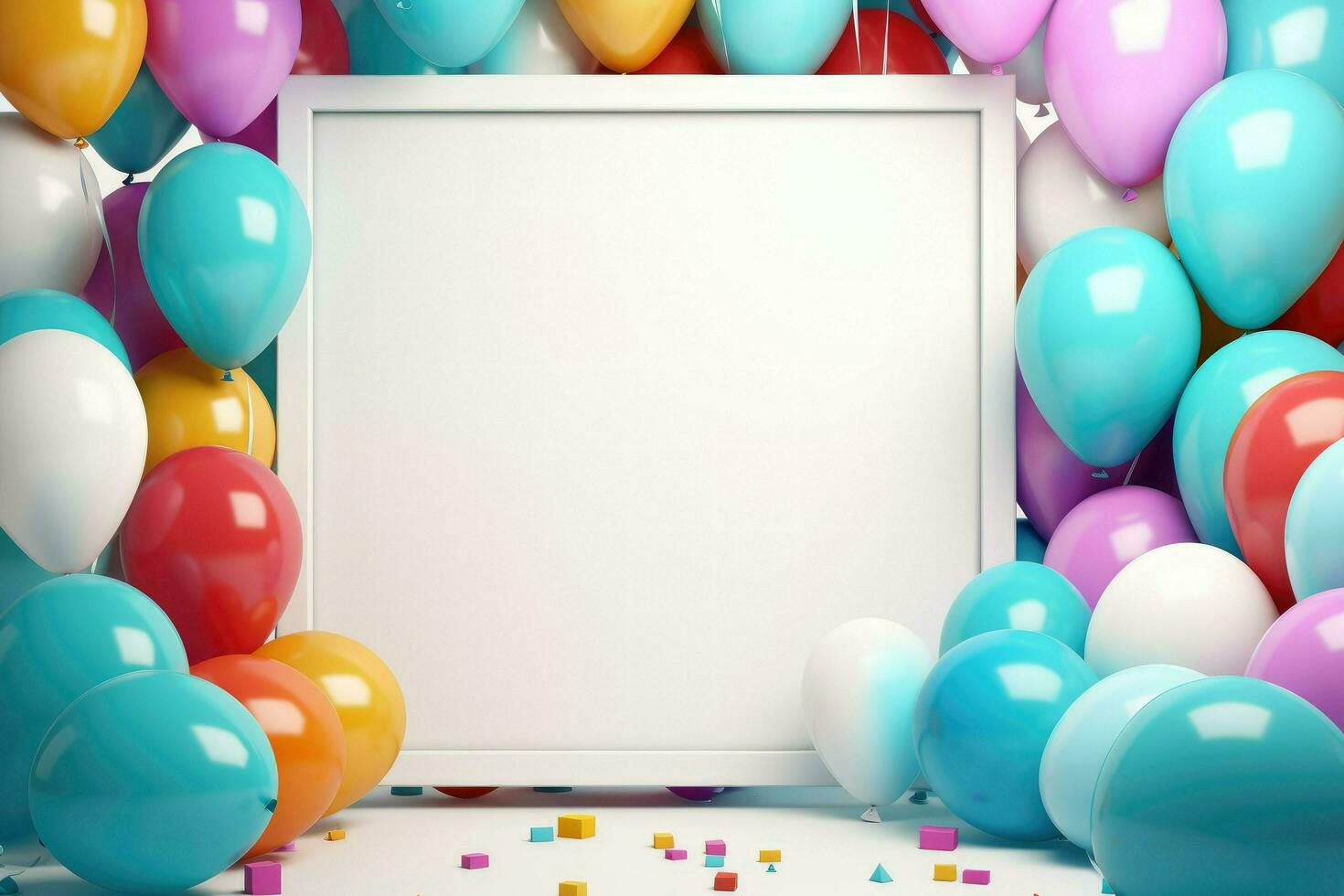 AI generated Birthday frame with color balloons and confetti, Blank frame on color balloons and confetti, AI Generated photo