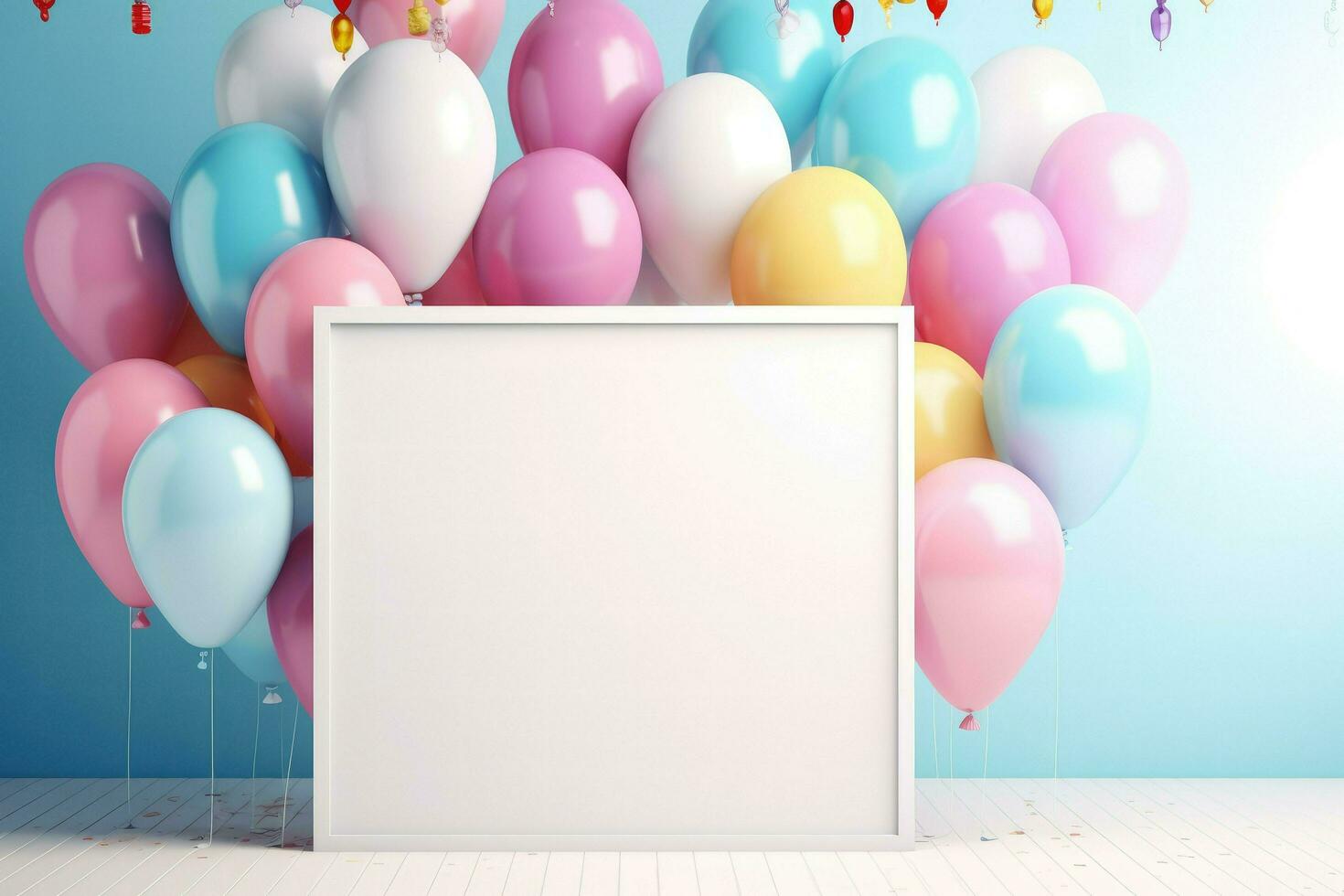AI generated Birthday frame with color balloons and confetti, Blank frame on color balloons and confetti, AI Generated photo