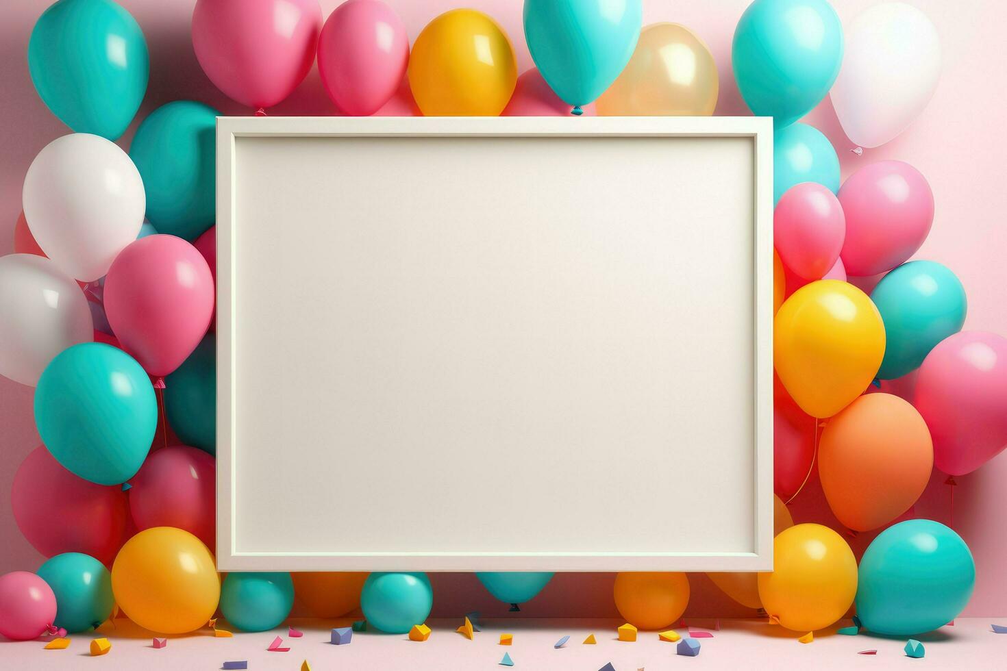 AI generated Birthday frame with color balloons and confetti, Blank frame on color balloons and confetti, AI Generated photo